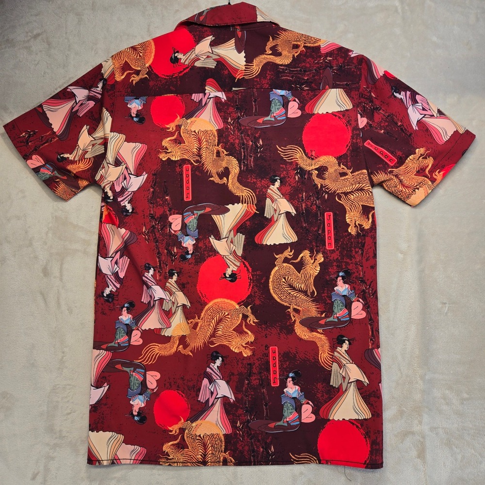 Fresh Prints Button Down Shirt Mens Small Red Excellent Japanese Dragon Geisha - Picture 6 of 6